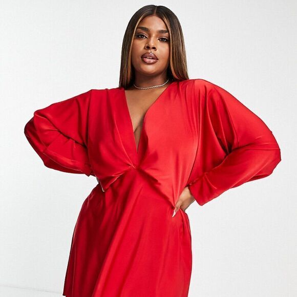 Asos Design Curve Batwing Satin Mini Dress Bias Cut Skirt Tie Back Red SZ 18 - Picture 1 of 6